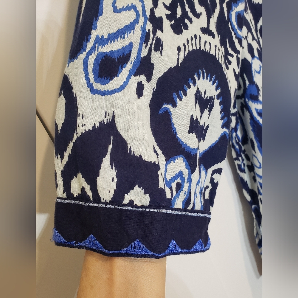 Tantrums Embroidered Cotton Tunic Split V Neck Paisley Print Blue White Size XXL - Picture 7 of 12